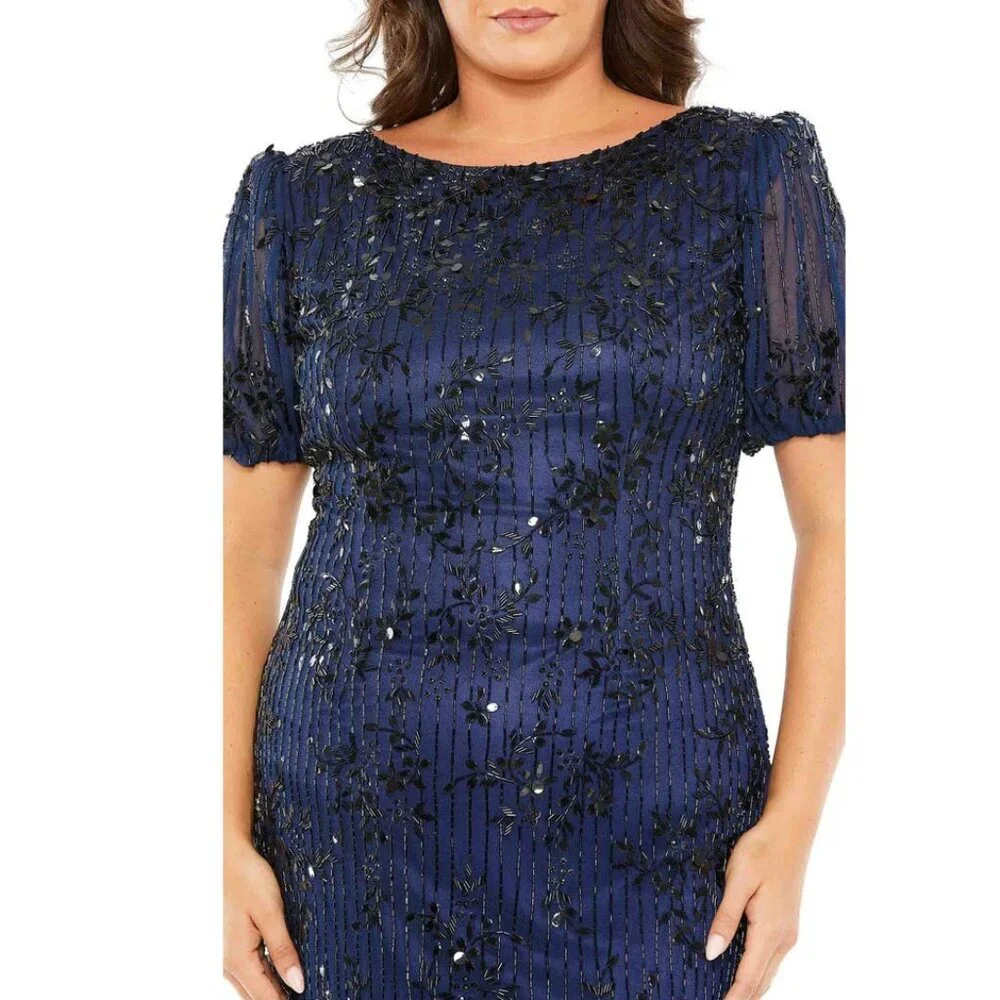 NWT Mac Duggal High Neck Puff Sleeve Embellished Dress Midnight 16W #7929 - Picture 2 of 8